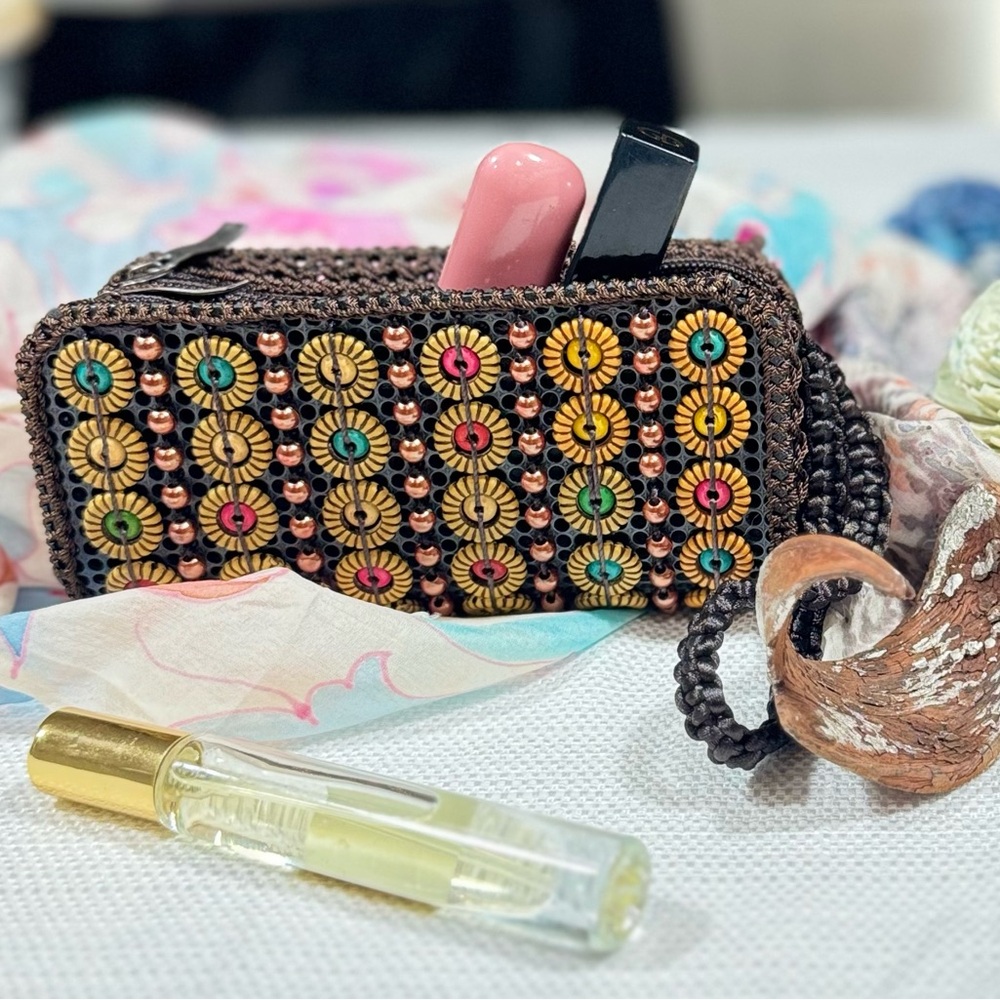 Handmade Crochet Wristlet • Boho Wooden Bead Mini Pouch
